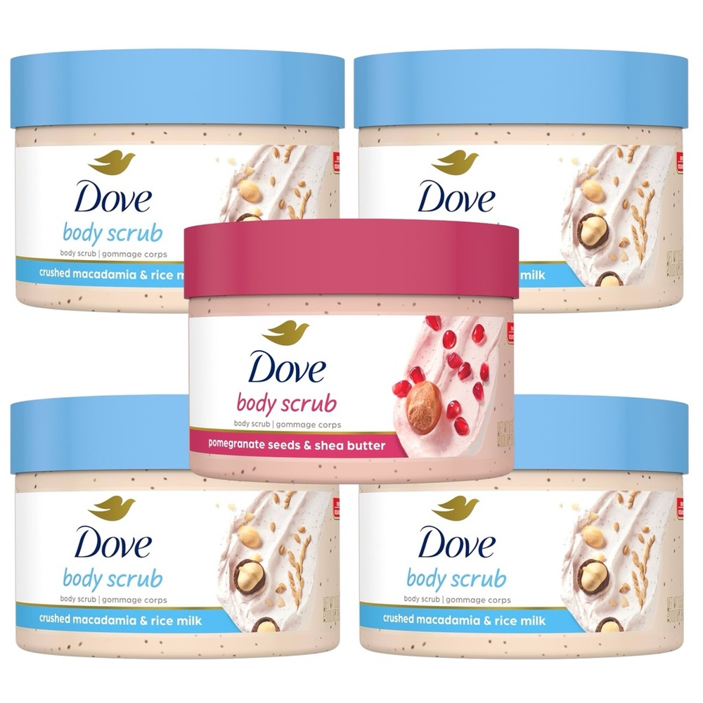 (5) Dove Body Scrub - Crushed Macadamia Rice Milk, Pomegranate Seeds Shea Butter